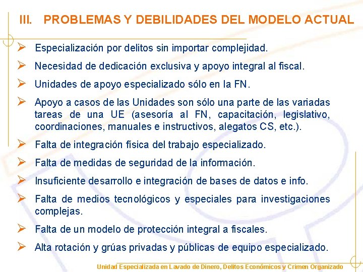 III. PROBLEMAS Y DEBILIDADES DEL MODELO ACTUAL Ø Ø Especialización por delitos sin importar