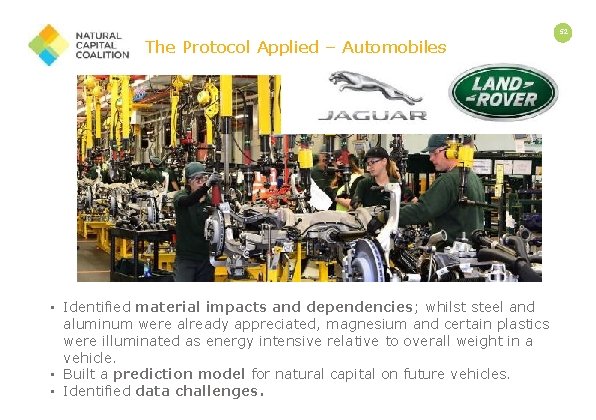 The Protocol Applied – Automobiles • Identified material impacts and dependencies; whilst steel and