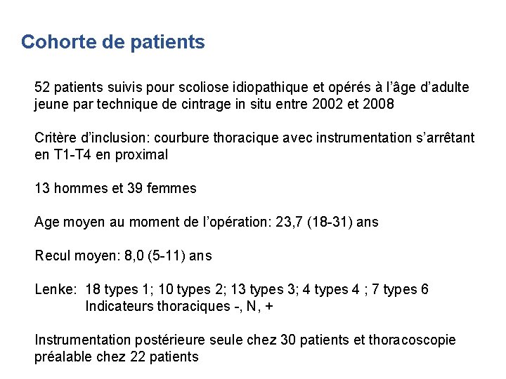 Cohorte de patients 52 patients suivis pour scoliose idiopathique et opérés à l’âge d’adulte Cohorte de patients 52 patients suivis pour scoliose idiopathique et opérés à l’âge d’adulte