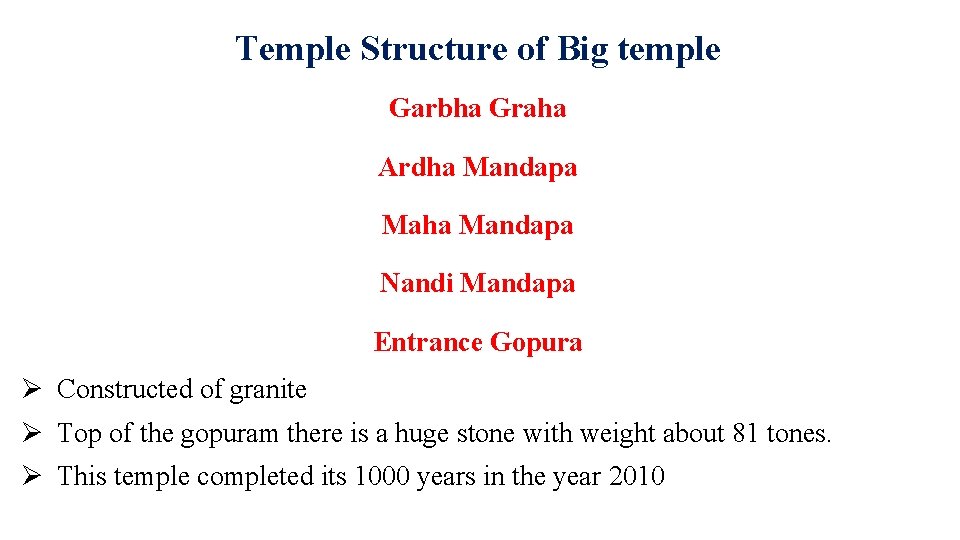 Temple Structure of Big temple Garbha Graha Ardha Mandapa Maha Mandapa Nandi Mandapa Entrance Temple Structure of Big temple Garbha Graha Ardha Mandapa Maha Mandapa Nandi Mandapa Entrance