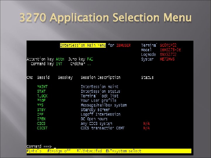 3270 Application Selection Menu 