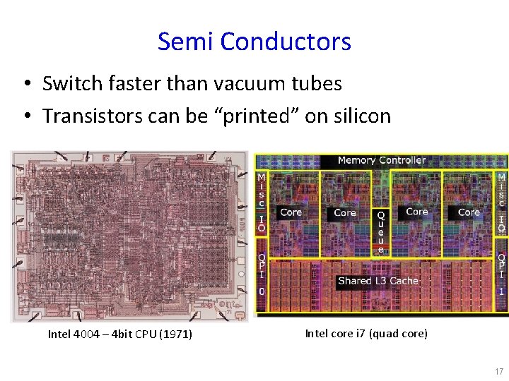 Semi Conductors • Switch faster than vacuum tubes • Transistors can be “printed” on