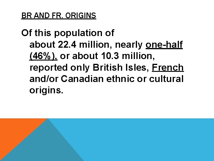 BR AND FR. ORIGINS Of this population of about 22. 4 million, nearly one-half