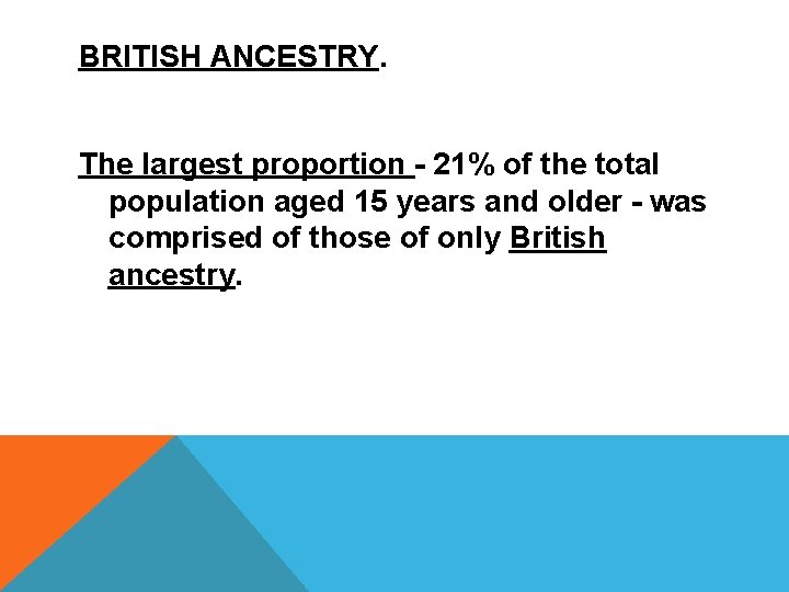 BRITISH ANCESTRY. The largest proportion - 21% of the total population aged 15 years