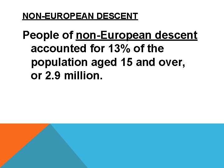 NON-EUROPEAN DESCENT People of non-European descent accounted for 13% of the population aged 15