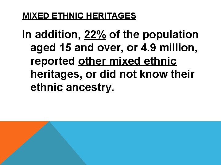 MIXED ETHNIC HERITAGES In addition, 22% of the population aged 15 and over, or