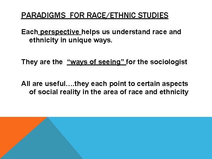 PARADIGMS FOR RACE/ETHNIC STUDIES Each perspective helps us understand race and ethnicity in unique