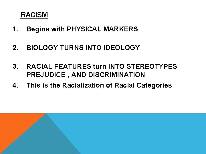 RACISM 1. Begins with PHYSICAL MARKERS 2. BIOLOGY TURNS INTO IDEOLOGY 3. RACIAL FEATURES