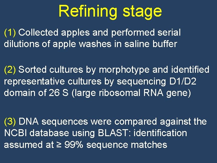 Refining stage (1) Collected apples and performed serial dilutions of apple washes in saline