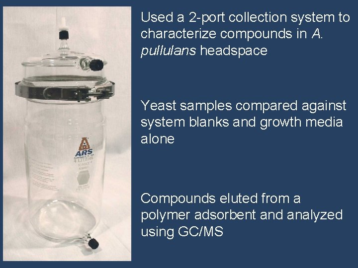 Used a 2 -port collection system to characterize compounds in A. pullulans headspace Yeast