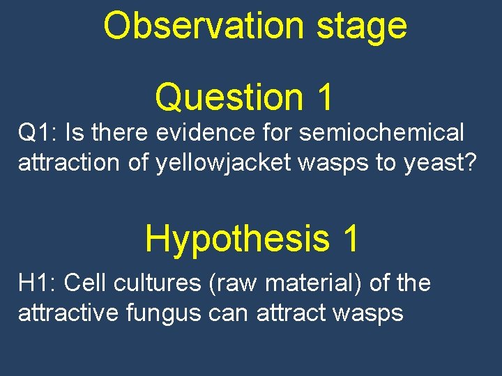 Observation stage Question 1 Q 1: Is there evidence for semiochemical attraction of yellowjacket