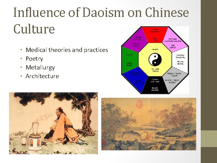 Influence of Daoism on Chinese Culture • • Medical theories and practices Poetry Metallurgy