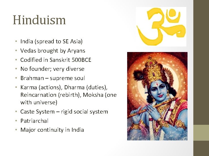 Hinduism India (spread to SE Asia) Vedas brought by Aryans Codified in Sanskrit 500