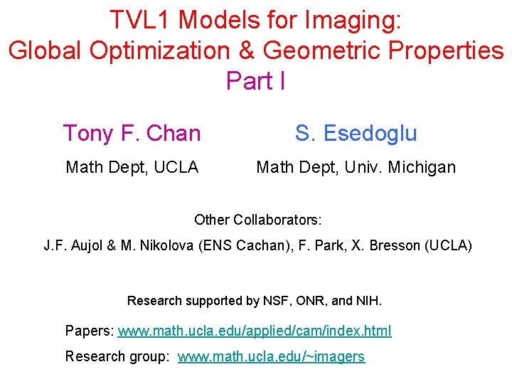 TVL 1 Models for Imaging: Global Optimization & Geometric Properties Part I Tony F.