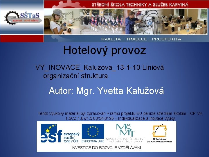 Hotelový provoz VY_INOVACE_Kaluzova_13 -1 -10 Liniová organizační struktura Autor: Mgr. Yvetta Kałužová. Tento výukový