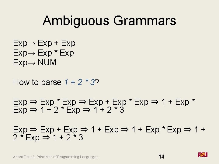 Ambiguous Grammars Exp→ Exp + Exp→ Exp * Exp→ NUM How to parse 1