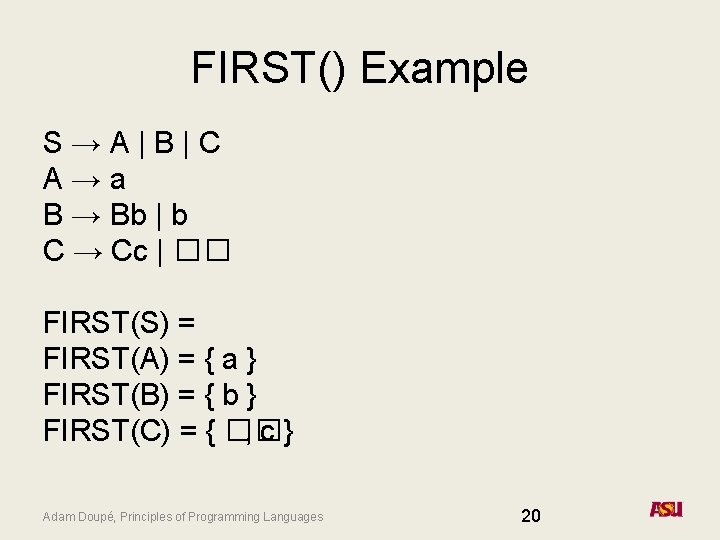 FIRST() Example S→A|B|C A→a B → Bb | b C → Cc | ��