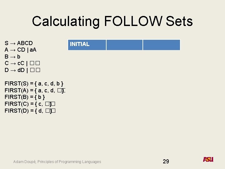 Calculating FOLLOW Sets S → ABCD A → CD | a. A B→b C