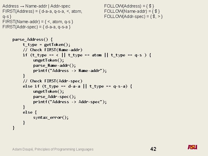 Address → Name-addr | Addr-spec FIRST(Address) = { d-a-a, q-s-a, <, atom, q-s }