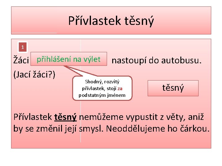 Přívlastek těsný 1 přihlášení na výlet Žáci nastoupí do autobusu. (Jací žáci? ) Shodný,