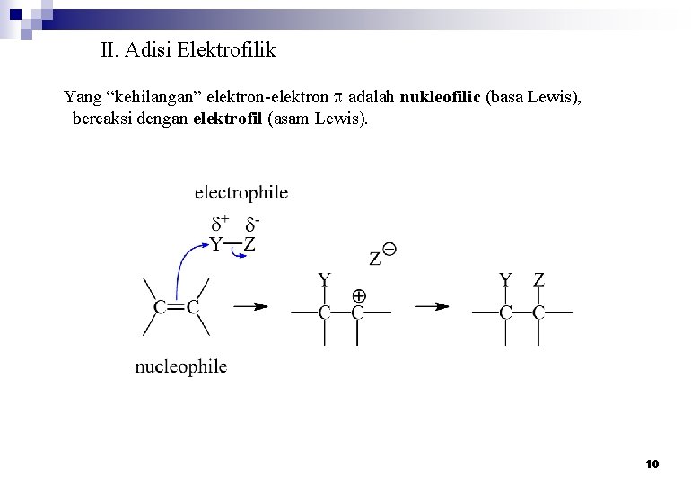 II. Adisi Elektrofilik Yang “kehilangan” elektron-elektron p adalah nukleofilic (basa Lewis), bereaksi dengan elektrofil