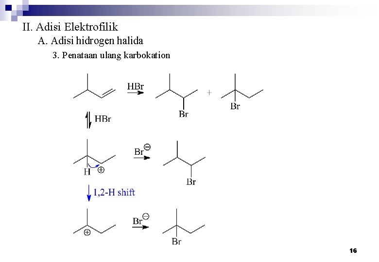 II. Adisi Elektrofilik A. Adisi hidrogen halida 3. Penataan ulang karbokation 16 