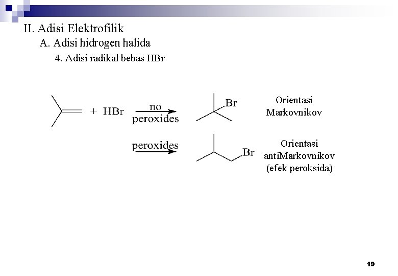 II. Adisi Elektrofilik A. Adisi hidrogen halida 4. Adisi radikal bebas HBr Orientasi Markovnikov