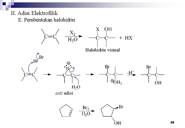 II. Adisi Elektrofilik E. Pembentukan halohidrin Halohidrin visinal anti adisi 29 