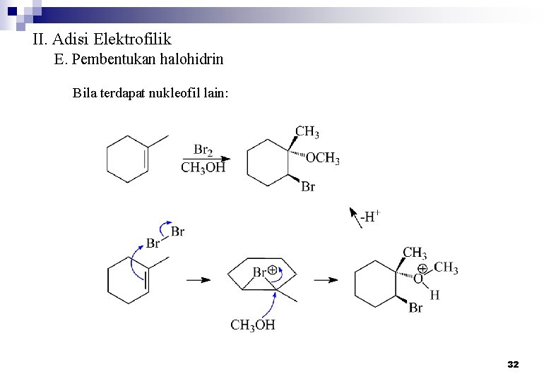 II. Adisi Elektrofilik E. Pembentukan halohidrin Bila terdapat nukleofil lain: 32 