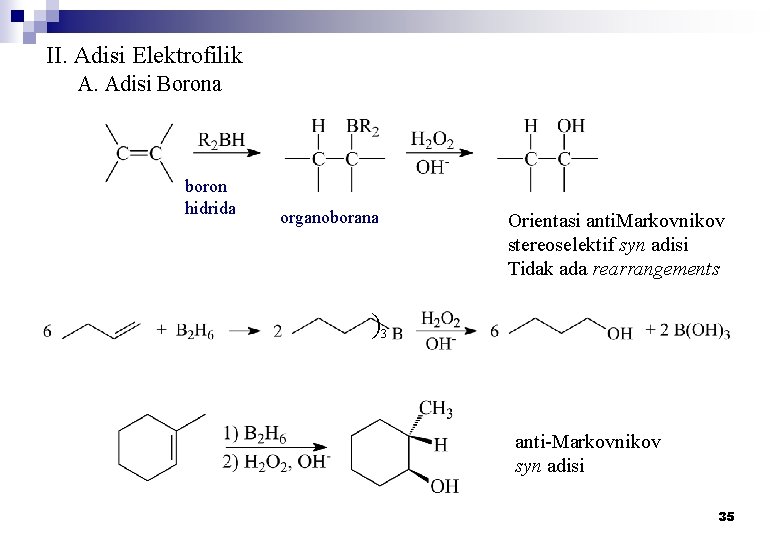 II. Adisi Elektrofilik A. Adisi Borona boron hidrida organoborana Orientasi anti. Markovnikov stereoselektif syn