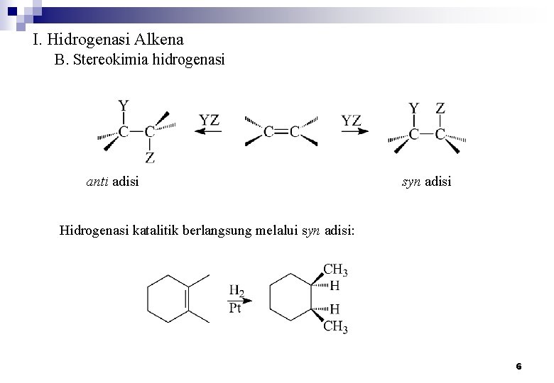 I. Hidrogenasi Alkena B. Stereokimia hidrogenasi anti adisi syn adisi Hidrogenasi katalitik berlangsung melalui