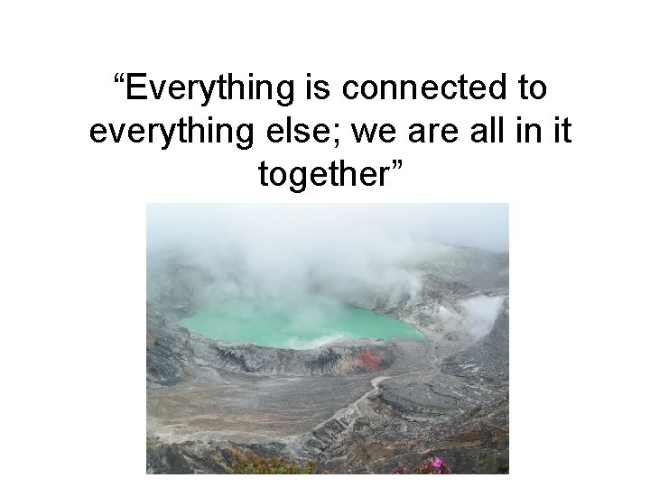“Everything is connected to everything else; we are all in it together” “Everything is connected to everything else; we are all in it together”