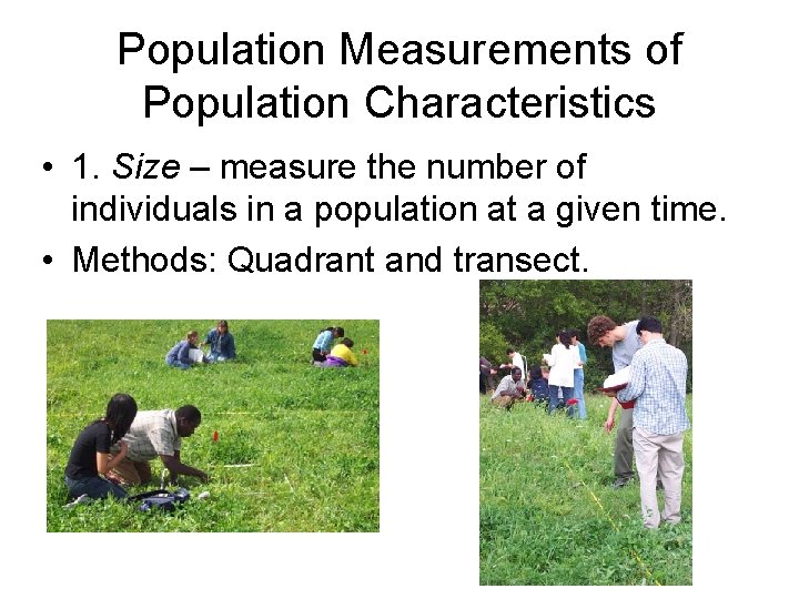 Population Measurements of Population Characteristics • 1. Size – measure the number of individuals Population Measurements of Population Characteristics • 1. Size – measure the number of individuals
