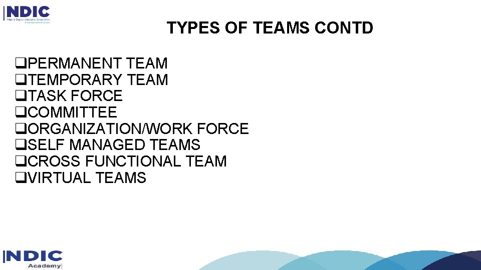 TYPES OF TEAMS CONTD q. PERMANENT TEAM q. TEMPORARY TEAM q. TASK FORCE q. TYPES OF TEAMS CONTD q. PERMANENT TEAM q. TEMPORARY TEAM q. TASK FORCE q.