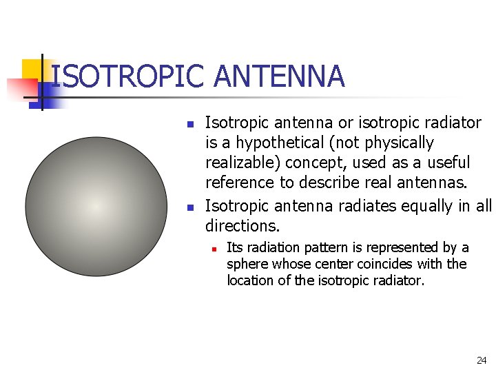 ISOTROPIC ANTENNA n n Isotropic antenna or isotropic radiator is a hypothetical (not physically