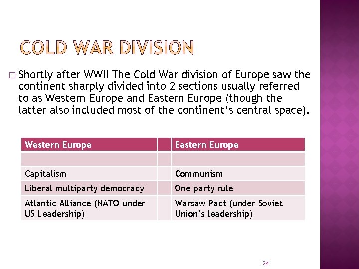 � Shortly after WWII The Cold War division of Europe saw the continent sharply