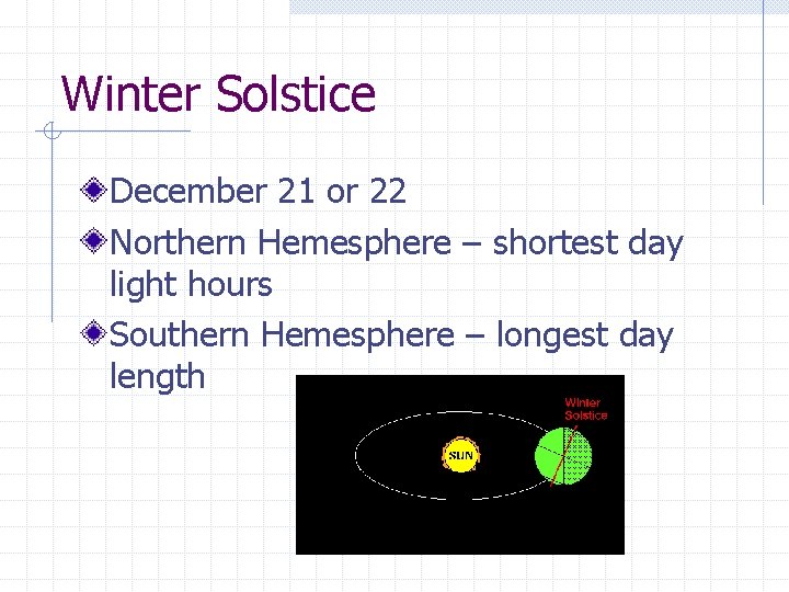 Winter Solstice December 21 or 22 Northern Hemesphere – shortest day light hours Southern