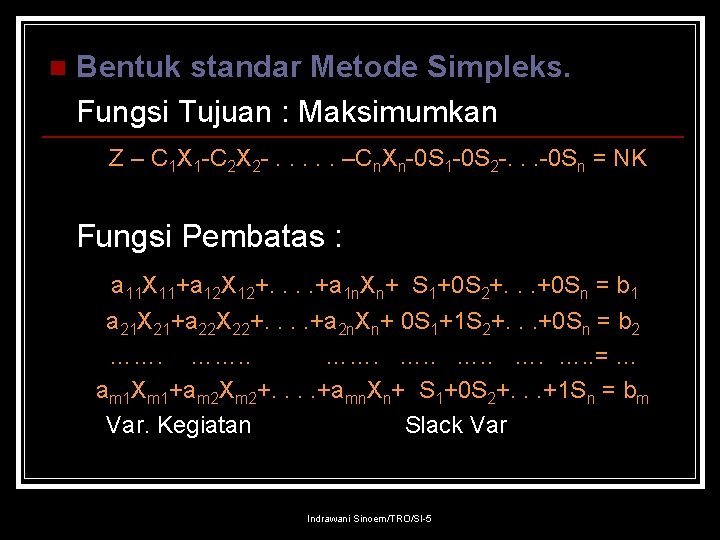 n Bentuk standar Metode Simpleks. Fungsi Tujuan : Maksimumkan Z – C 1 X