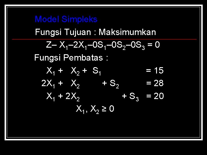 Model Simpleks Fungsi Tujuan : Maksimumkan Z– X 1– 2 X 1– 0 S