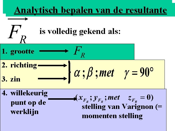 Bepalen van devan resultante Analytisch bepalen de resultante is volledig gekend als: 1. grootte