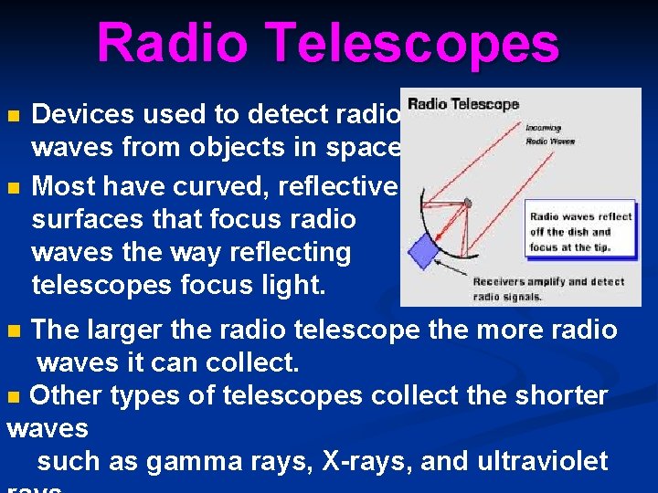 Radio Telescopes n n Devices used to detect radio waves from objects in space.