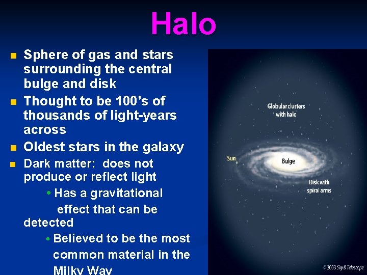 Halo n n Sphere of gas and stars surrounding the central bulge and disk