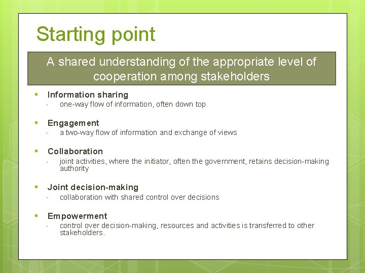 Starting point A shared understanding of the appropriate level of cooperation among stakeholders §
