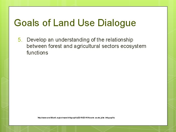 Goals of Land Use Dialogue 5. Develop an understanding of the relationship between forest