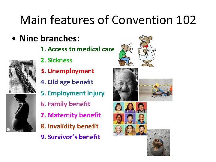 Main features of Convention 102 • Nine branches: 1. Access to medical care 2.