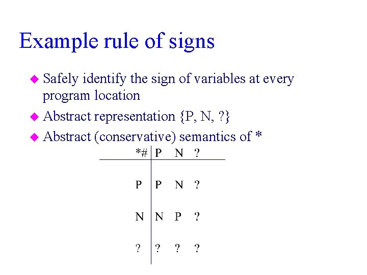 Example rule of signs u Safely identify the sign of variables at every program