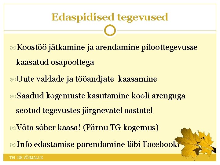 Edaspidised tegevused Koostöö jätkamine ja arendamine piloottegevusse kaasatud osapooltega Uute valdade ja tööandjate kaasamine