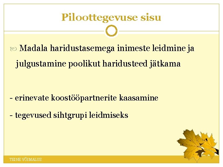 Piloottegevuse sisu Madala haridustasemega inimeste leidmine ja julgustamine poolikut haridusteed jätkama - erinevate koostööpartnerite