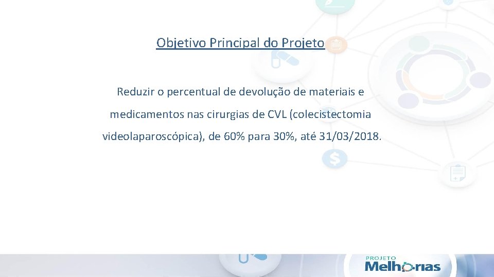 Objetivo Principal do Projeto Reduzir o percentual de devolução de materiais e medicamentos nas