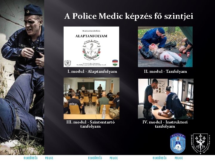 A Police Medic képzés fő szintjei I. modul - Alaptanfolyam III. modul - Szintentartó